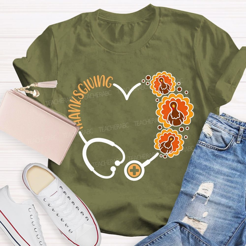 Thanksgiving Heart Stethoscope Turkey Nurse T-shirt