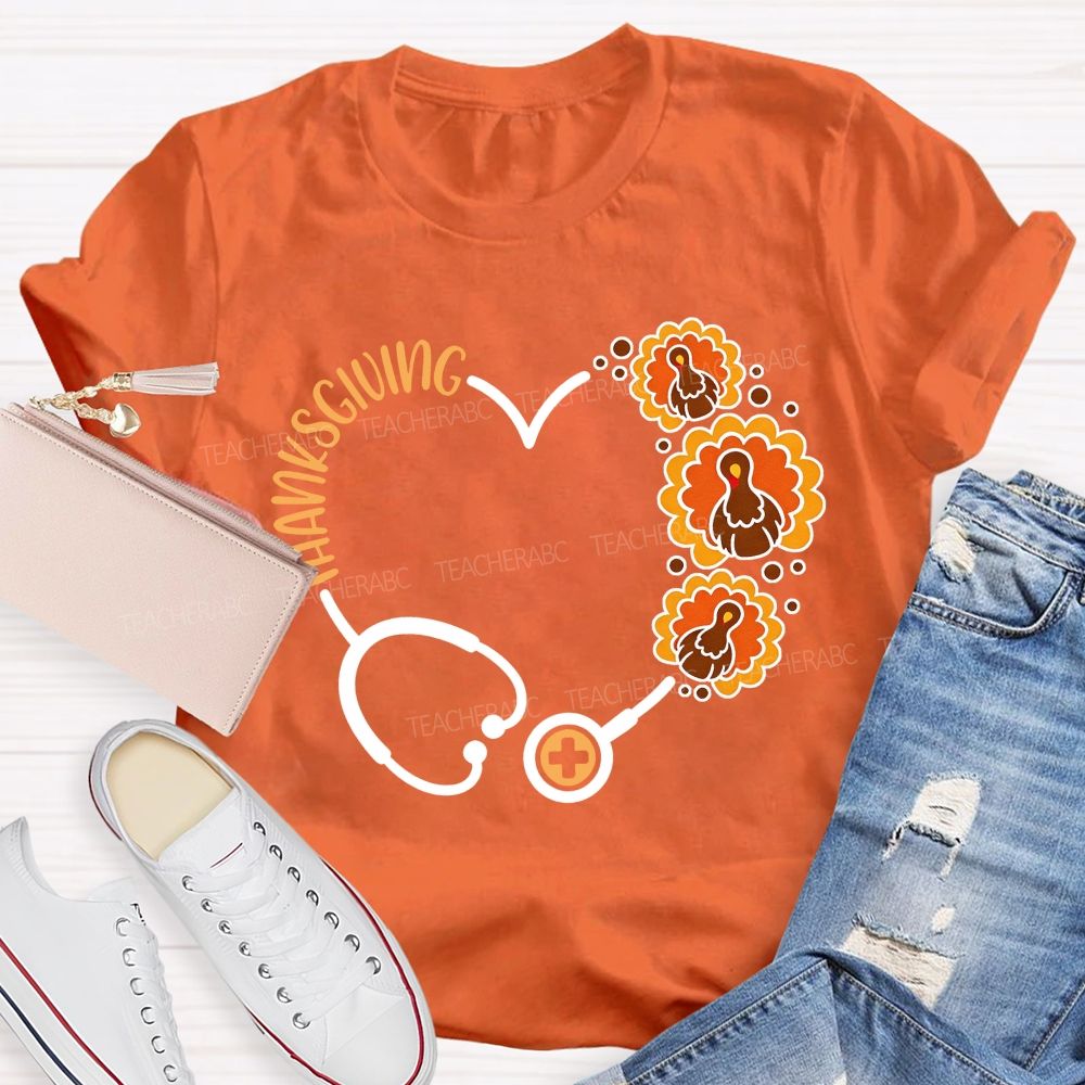 Thanksgiving Heart Stethoscope Turkey Nurse T-shirt