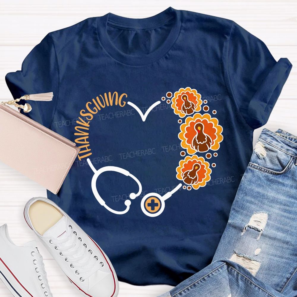 Thanksgiving Heart Stethoscope Turkey Nurse T-shirt