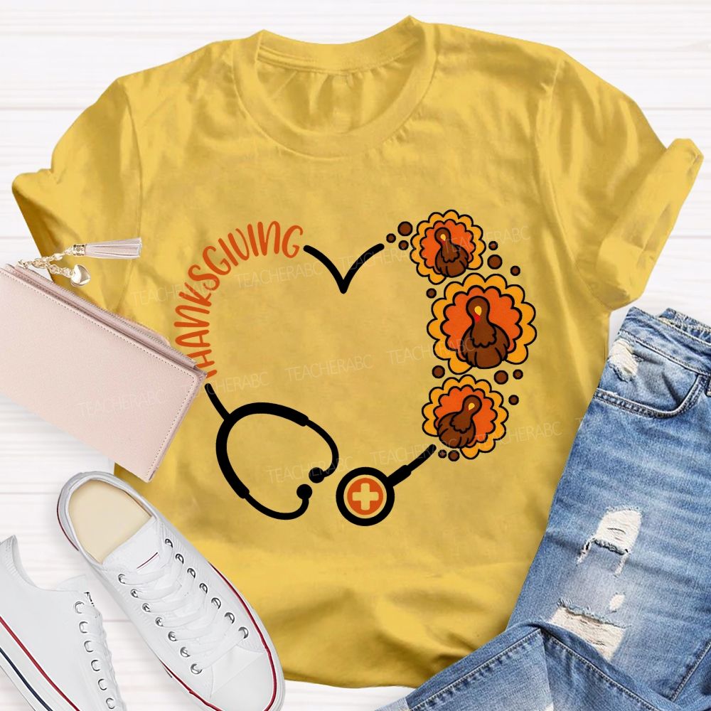 Thanksgiving Heart Stethoscope Turkey Nurse T-shirt