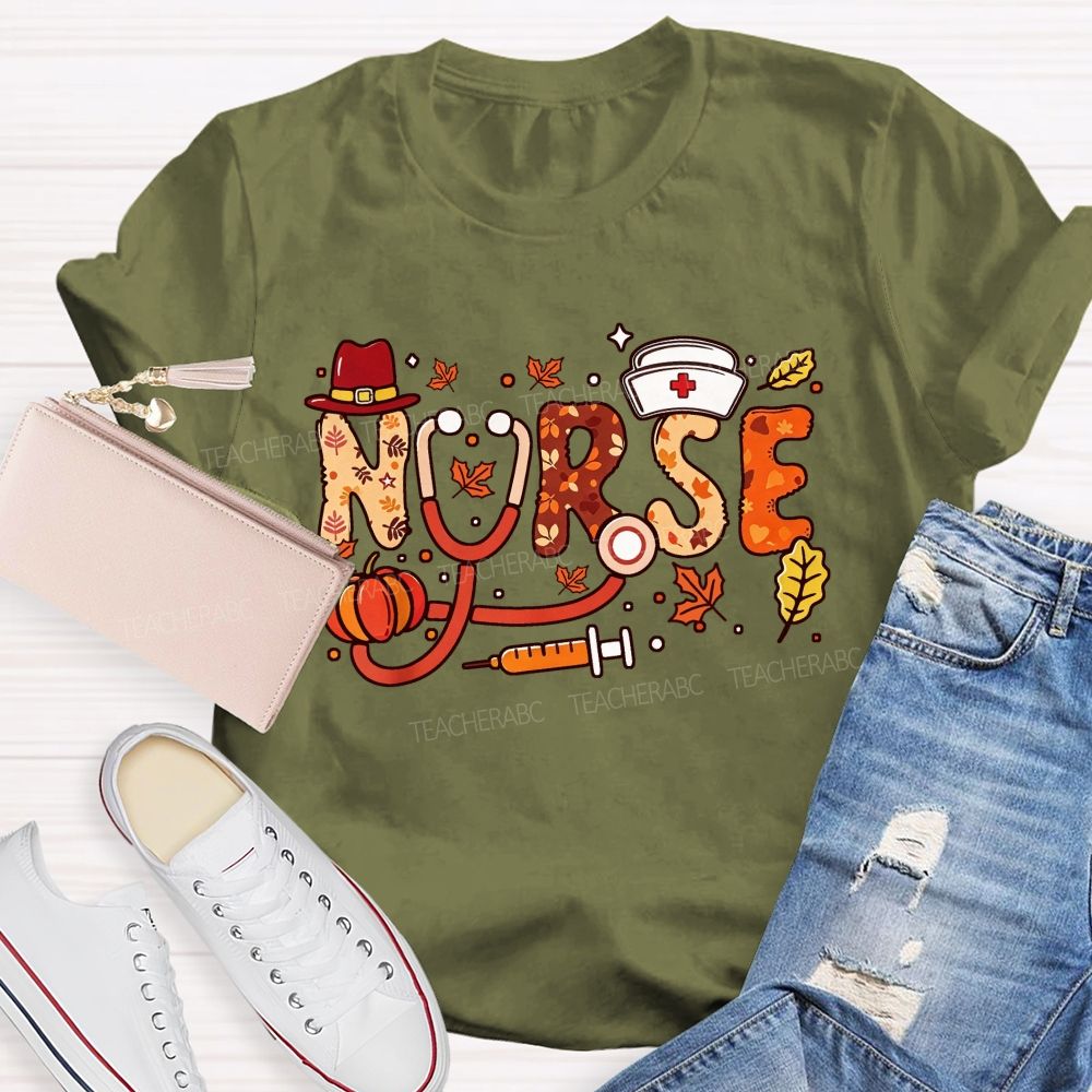 Autumn Nurse Lettering Pumpkin Syringe Nurse T-shirt