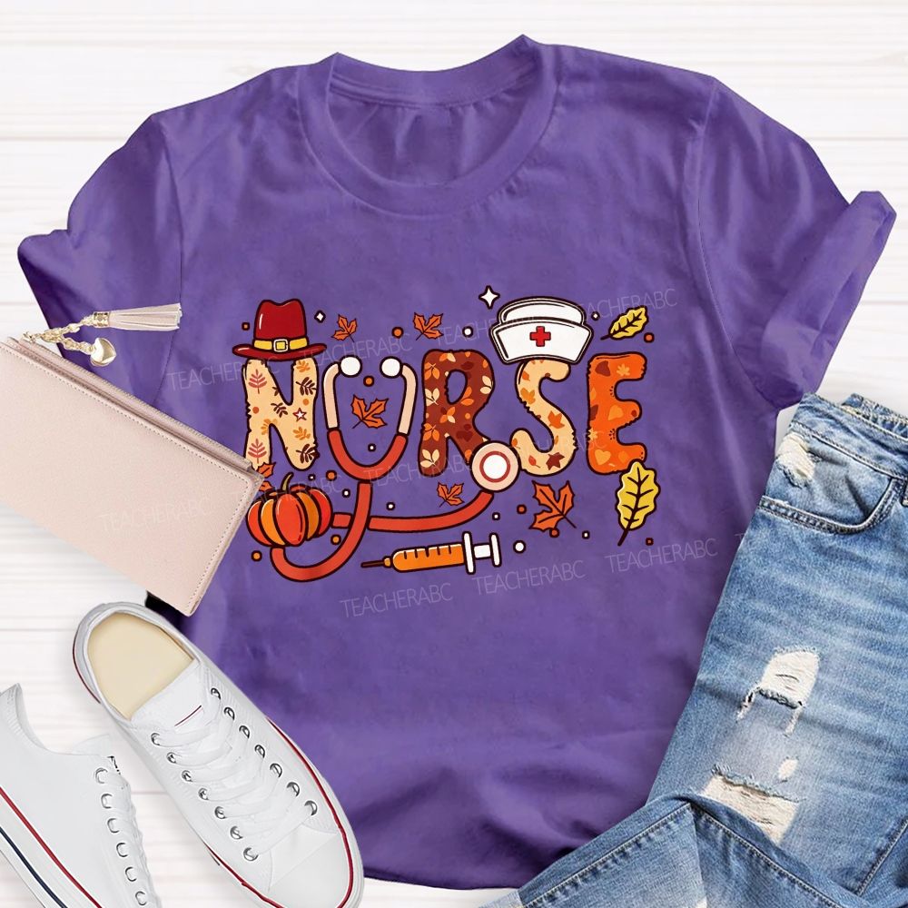 Autumn Nurse Lettering Pumpkin Syringe Nurse T-shirt
