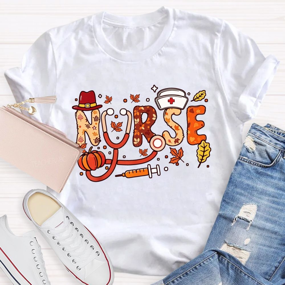 Autumn Nurse Lettering Pumpkin Syringe Nurse T-shirt