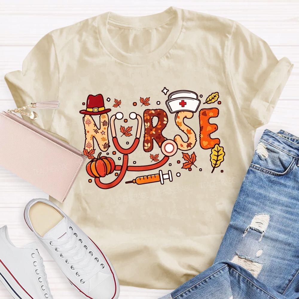 Autumn Nurse Lettering Pumpkin Syringe Nurse T-shirt
