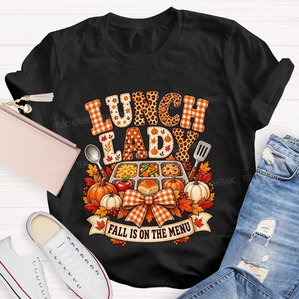 Fall Lunch Lady Leopard Gingham Autumn Cafeteria T-shirt
