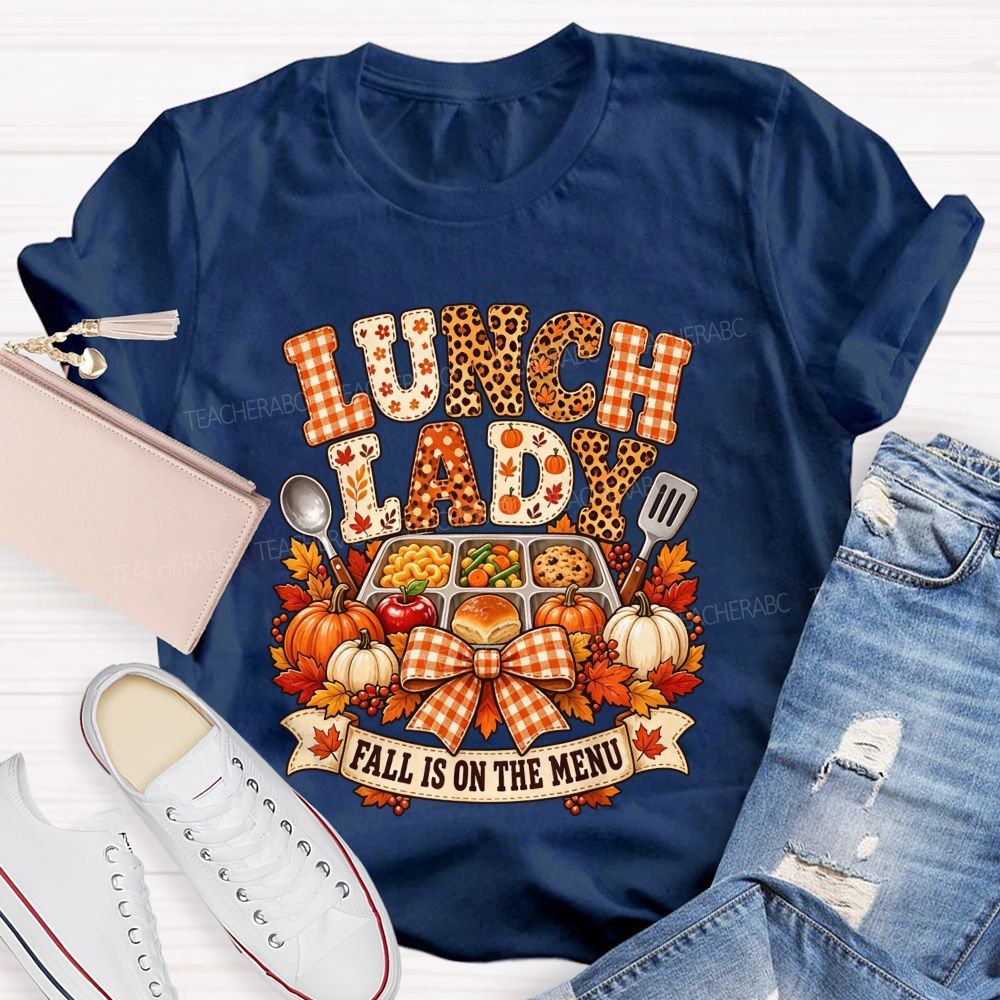Fall Lunch Lady Leopard Gingham Autumn Cafeteria T-shirt