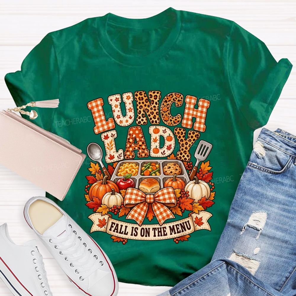 Fall Lunch Lady Leopard Gingham Autumn Cafeteria T-shirt