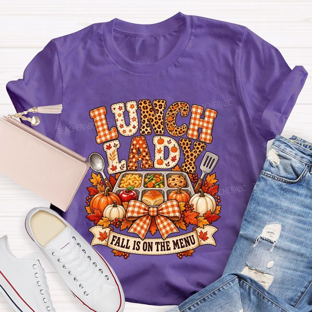 Fall Lunch Lady Leopard Gingham Autumn Cafeteria T-shirt