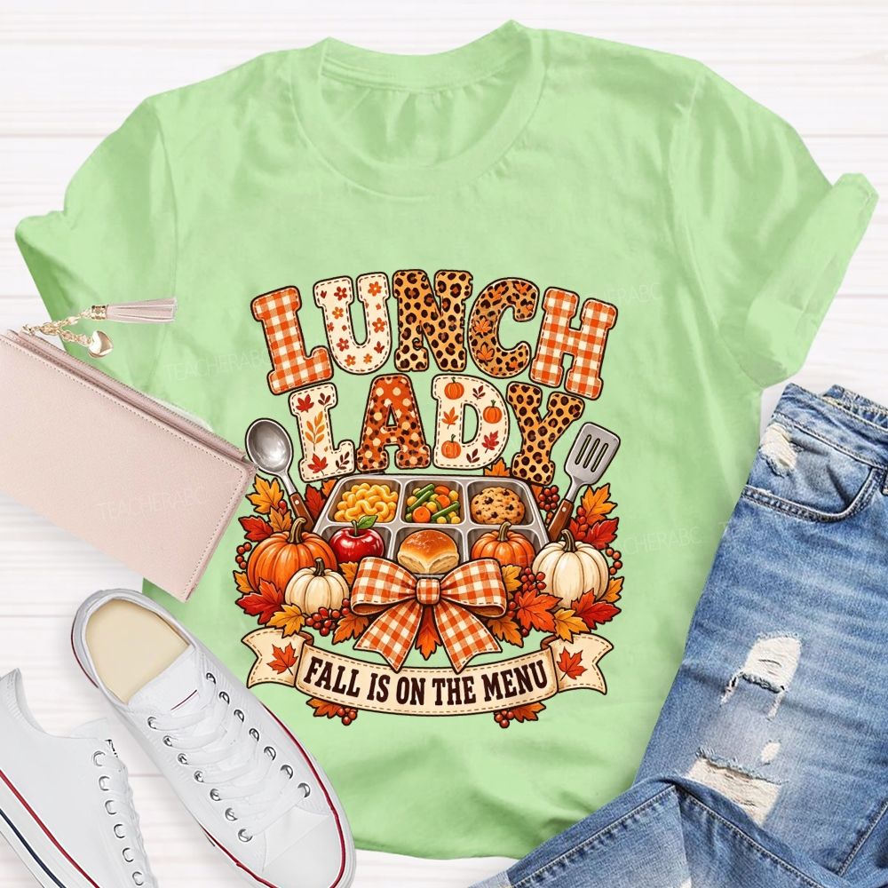 Fall Lunch Lady Leopard Gingham Autumn Cafeteria T-shirt