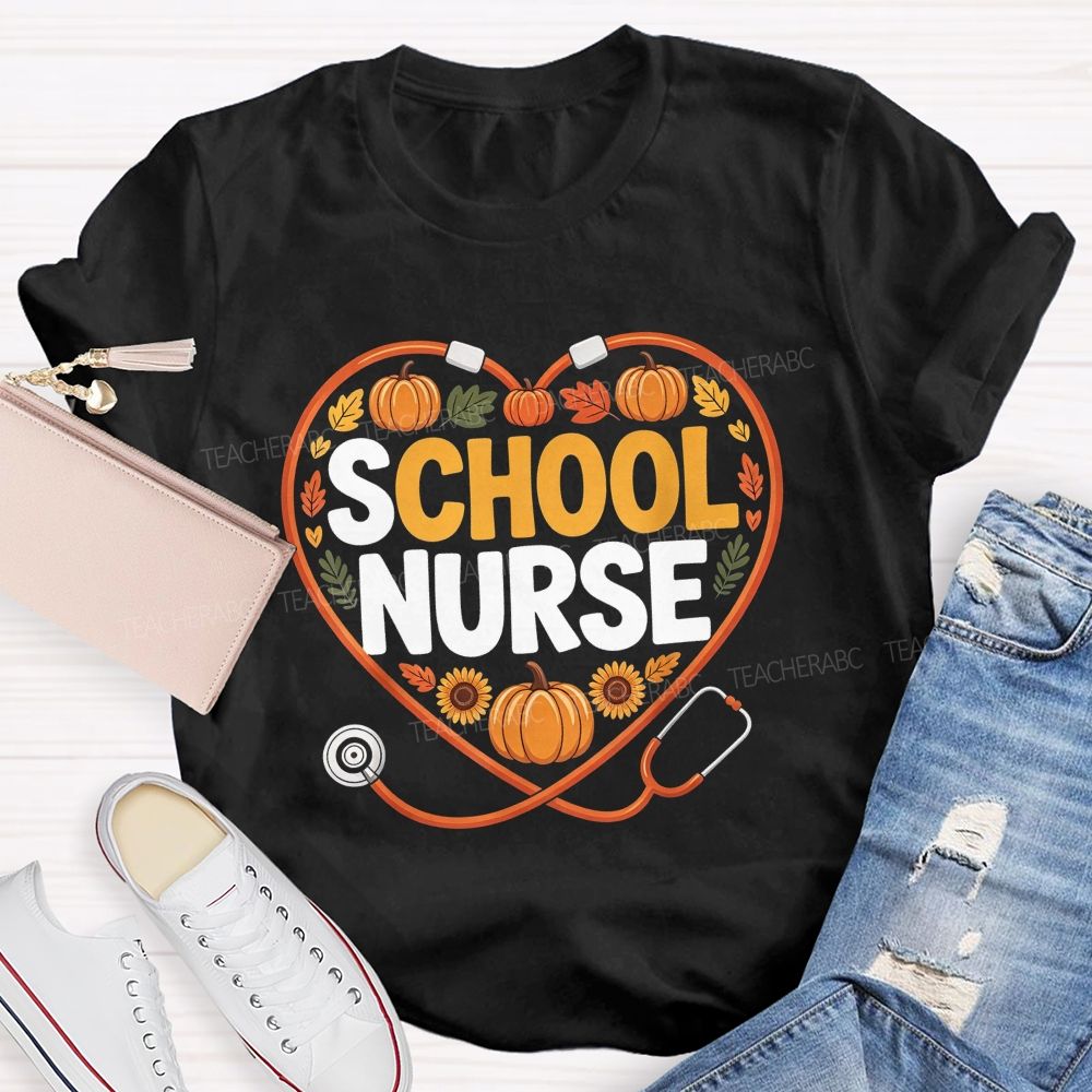 Fall School Nurse Heart Stethoscope Pumpkin Sunflower T-shirt