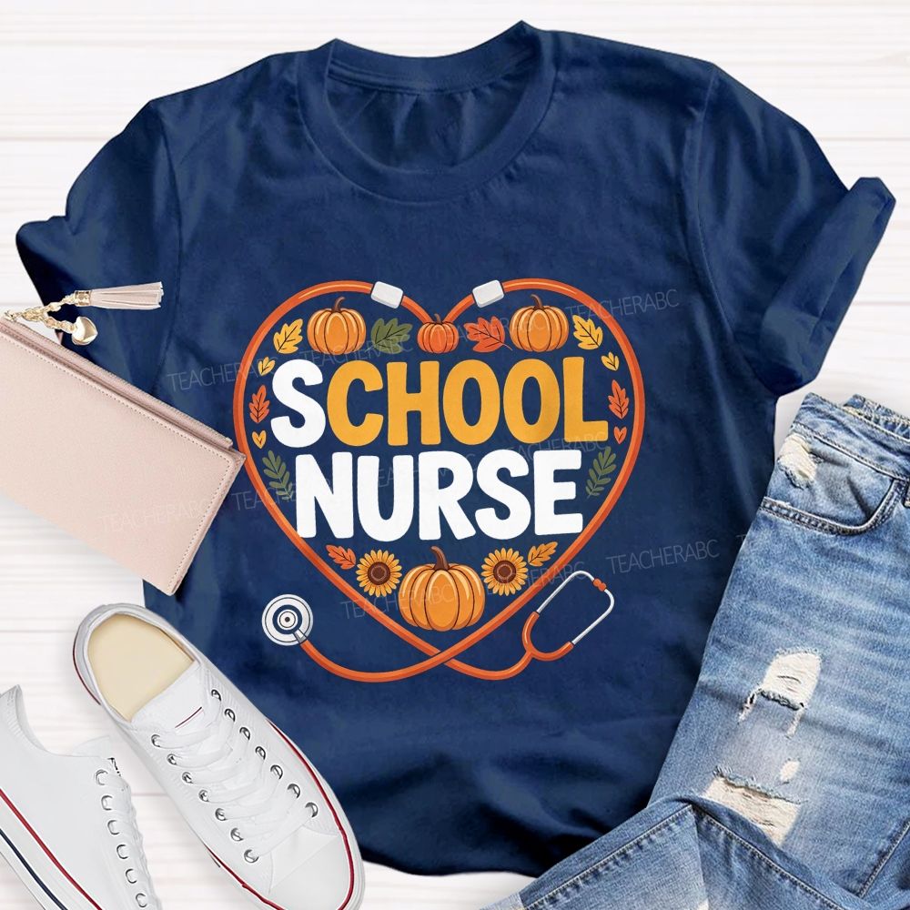 Fall School Nurse Heart Stethoscope Pumpkin Sunflower T-shirt