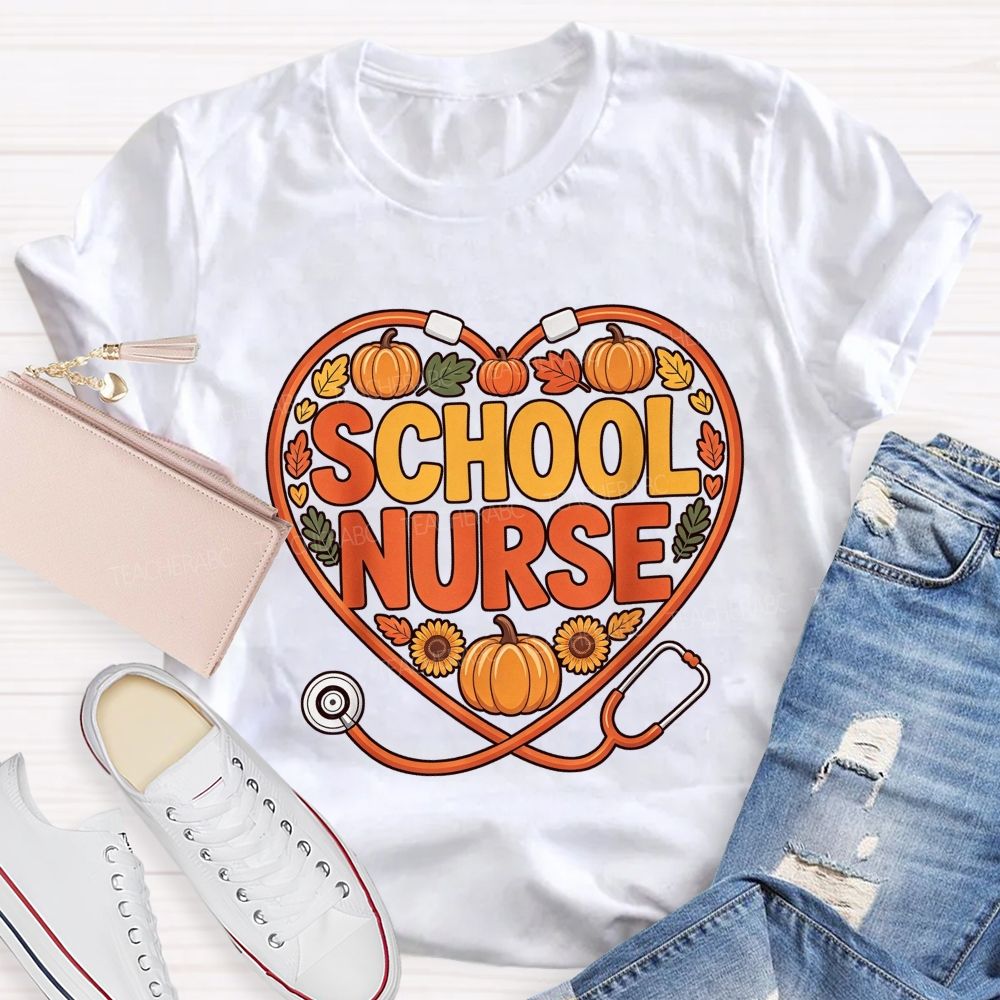 Fall School Nurse Heart Stethoscope Pumpkin Sunflower T-shirt