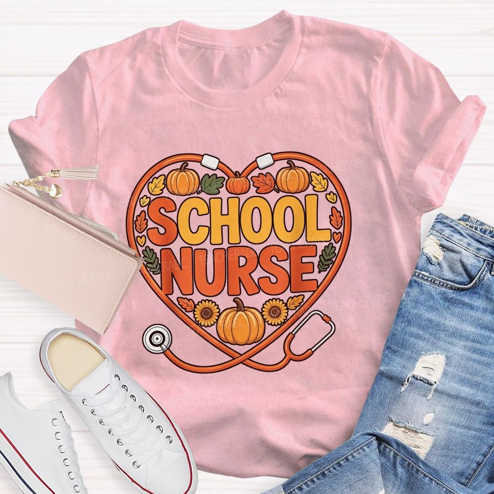 Fall School Nurse Heart Stethoscope Pumpkin Sunflower T-shirt