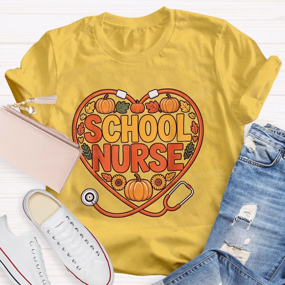 Fall School Nurse Heart Stethoscope Pumpkin Sunflower T-shirt