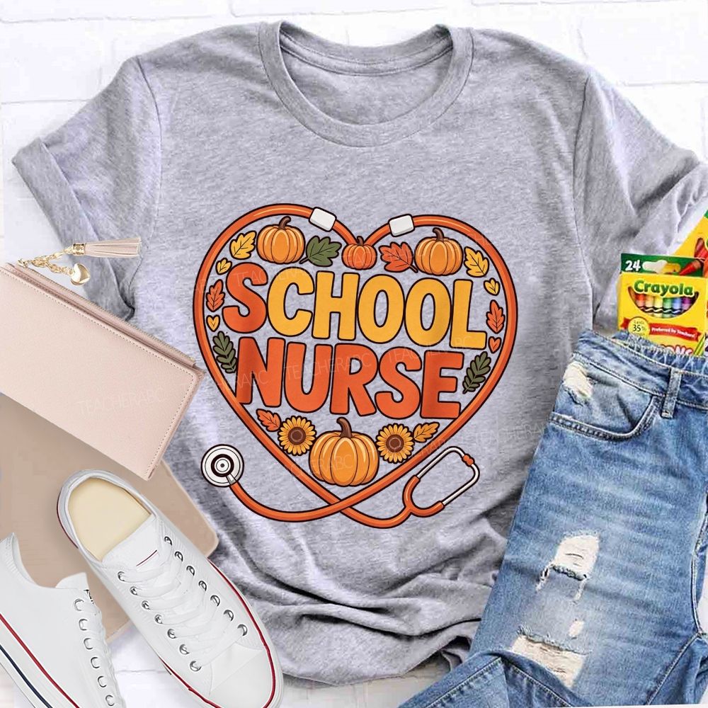 Fall School Nurse Heart Stethoscope Pumpkin Sunflower T-shirt
