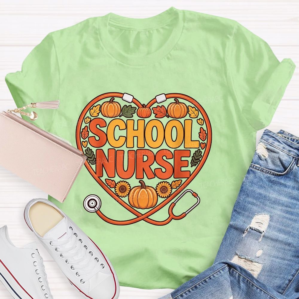 Fall School Nurse Heart Stethoscope Pumpkin Sunflower T-shirt