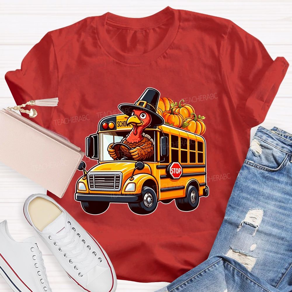 Thanksgiving Turkey Driving School Bus Fall Vibes T-shirt