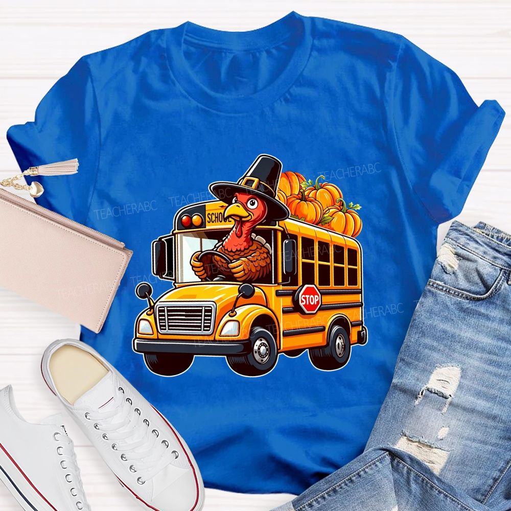 Thanksgiving Turkey Driving School Bus Fall Vibes T-shirt