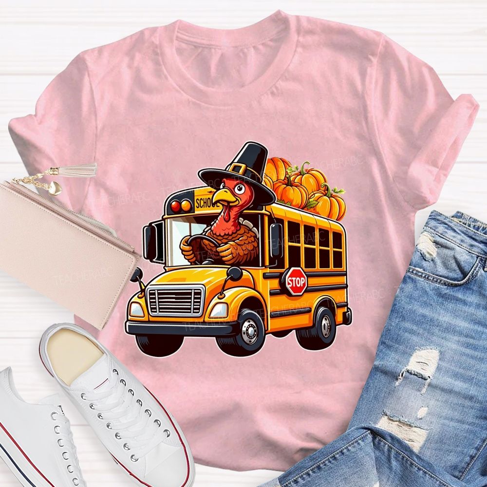 Thanksgiving Turkey Driving School Bus Fall Vibes T-shirt