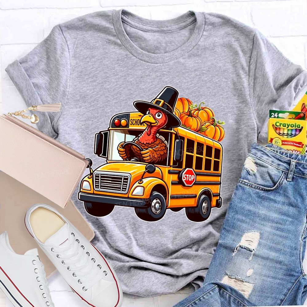Thanksgiving Turkey Driving School Bus Fall Vibes T-shirt