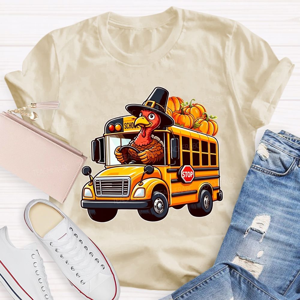 Thanksgiving Turkey Driving School Bus Fall Vibes T-shirt