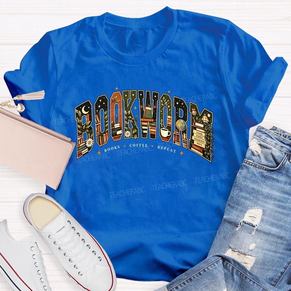 Bookworm Books Coffee Repeat Letter Book Lover Teacher T-shirt