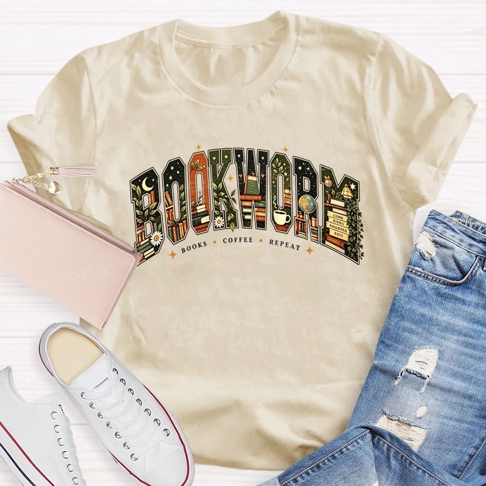 Bookworm Books Coffee Repeat Letter Book Lover Teacher T-shirt