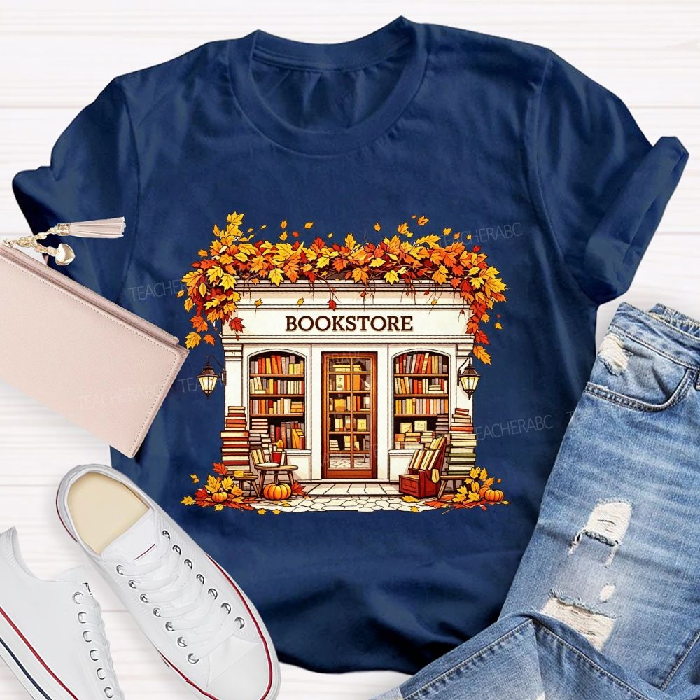 Fall Autumn Bookstore Building Maple Leaves Pumpkin Book Lover Teacher T-shirt