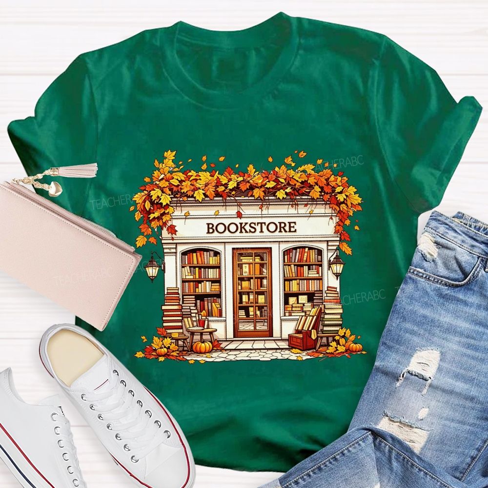 Fall Autumn Bookstore Building Maple Leaves Pumpkin Book Lover Teacher T-shirt