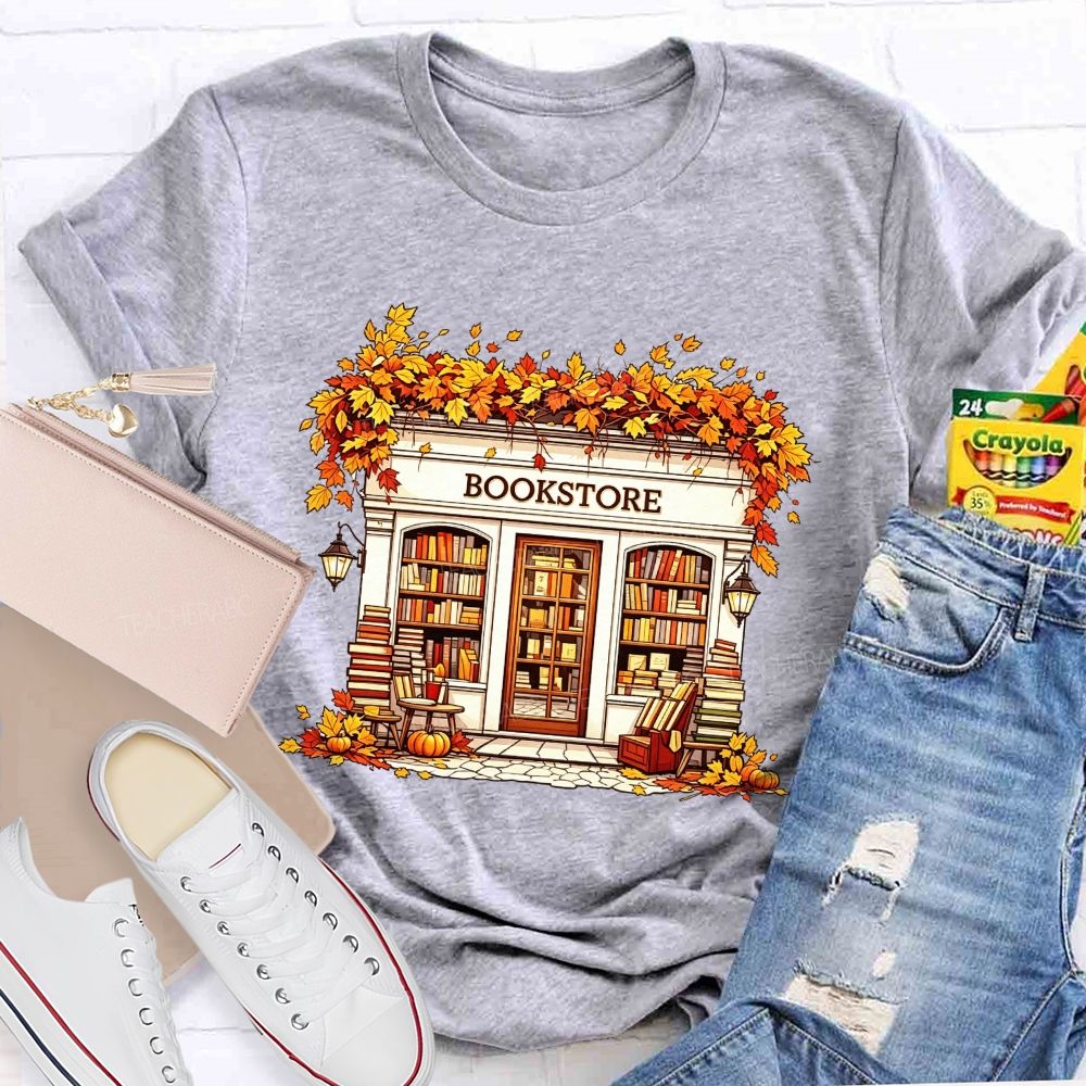 Fall Autumn Bookstore Building Maple Leaves Pumpkin Book Lover Teacher T-shirt