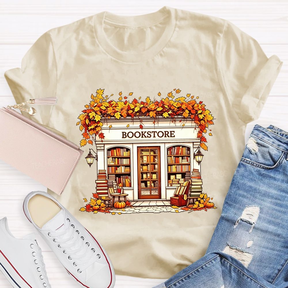 Fall Autumn Bookstore Building Maple Leaves Pumpkin Book Lover Teacher T-shirt