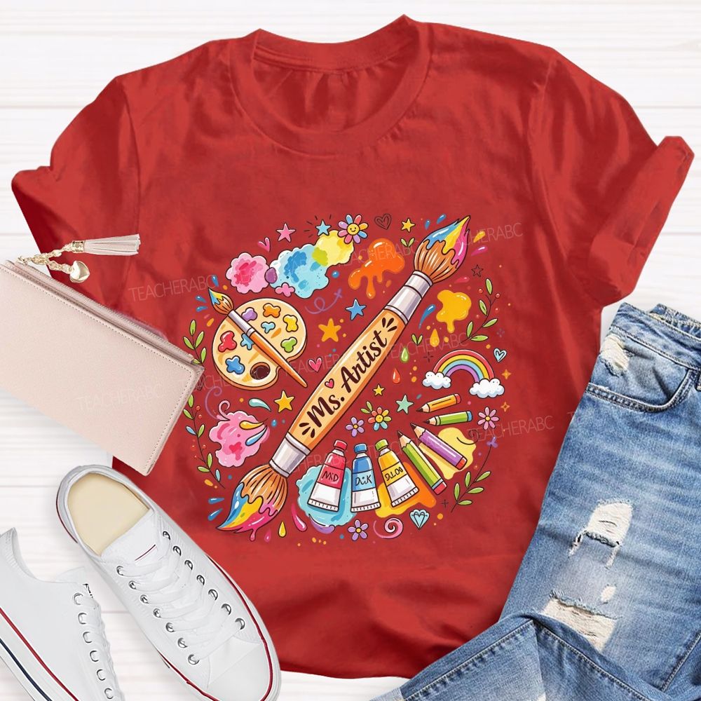 Personalized Name Art Teacher Paint Brush Doodle Teacher T-shirt