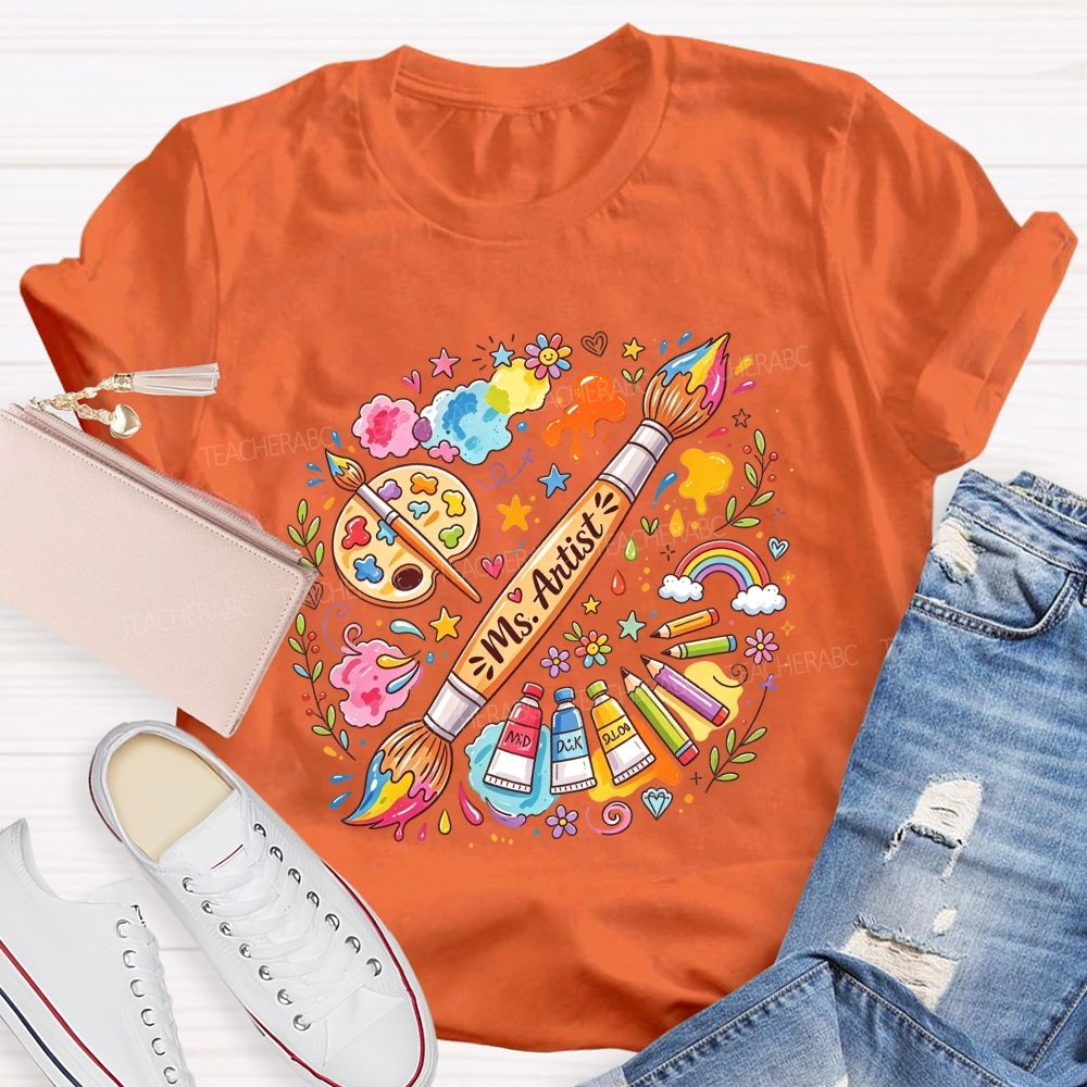 Personalized Name Art Teacher Paint Brush Doodle Teacher T-shirt