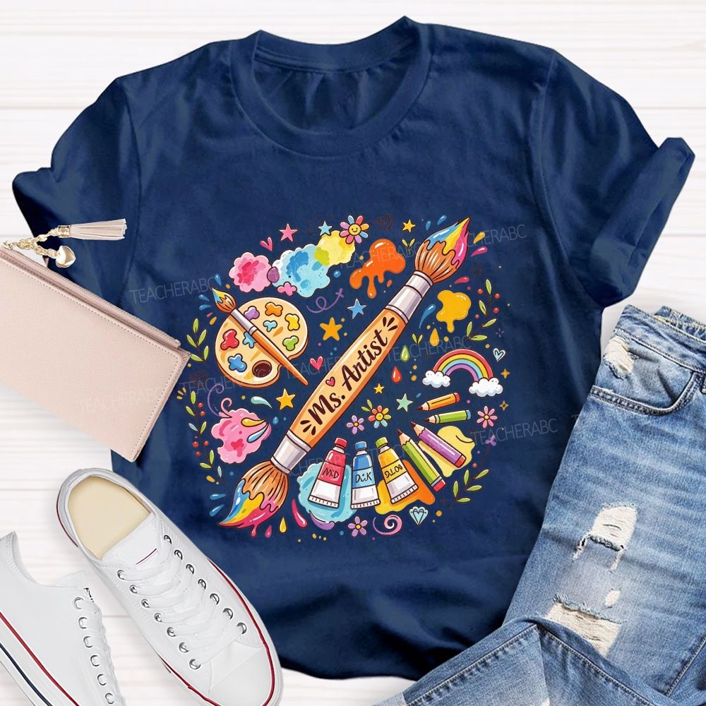 Personalized Name Art Teacher Paint Brush Doodle Teacher T-shirt