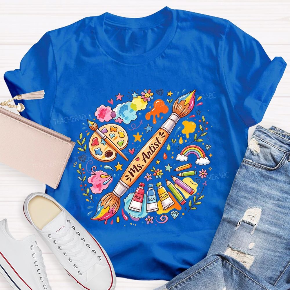 Personalized Name Art Teacher Paint Brush Doodle Teacher T-shirt