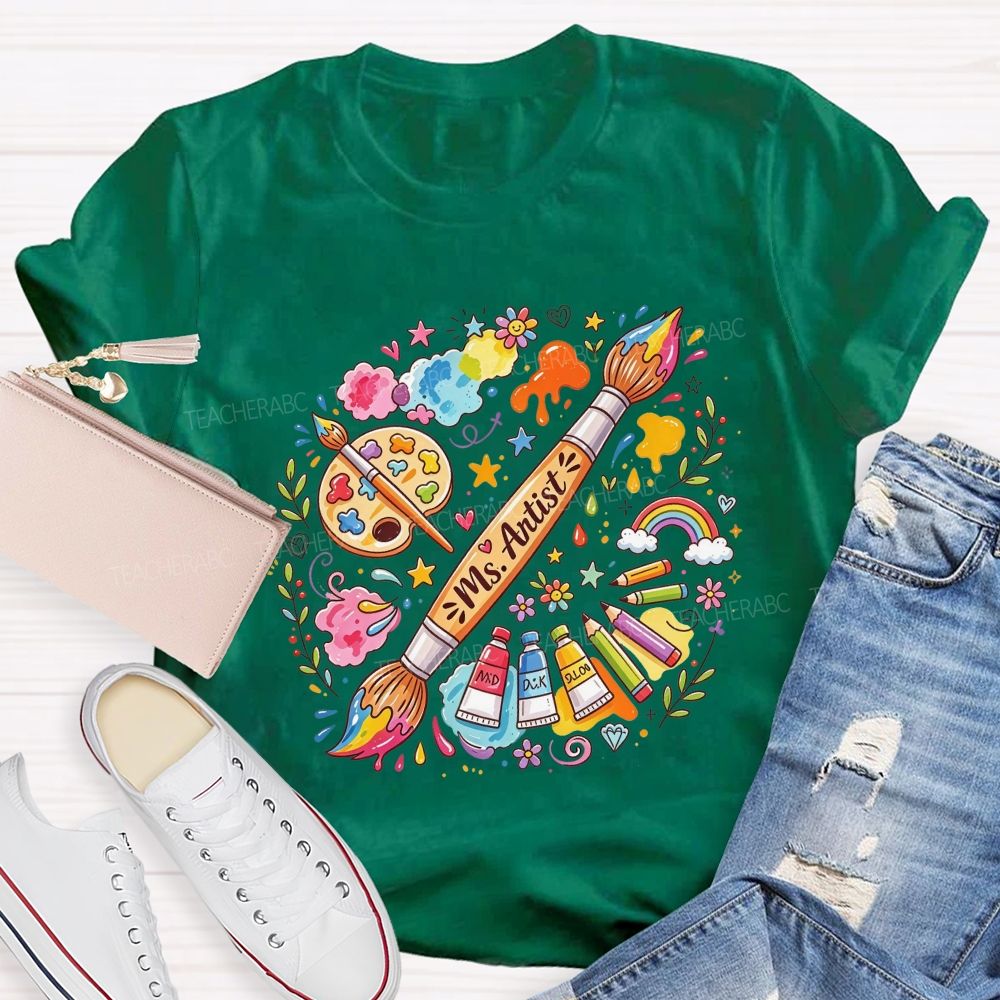 Personalized Name Art Teacher Paint Brush Doodle Teacher T-shirt