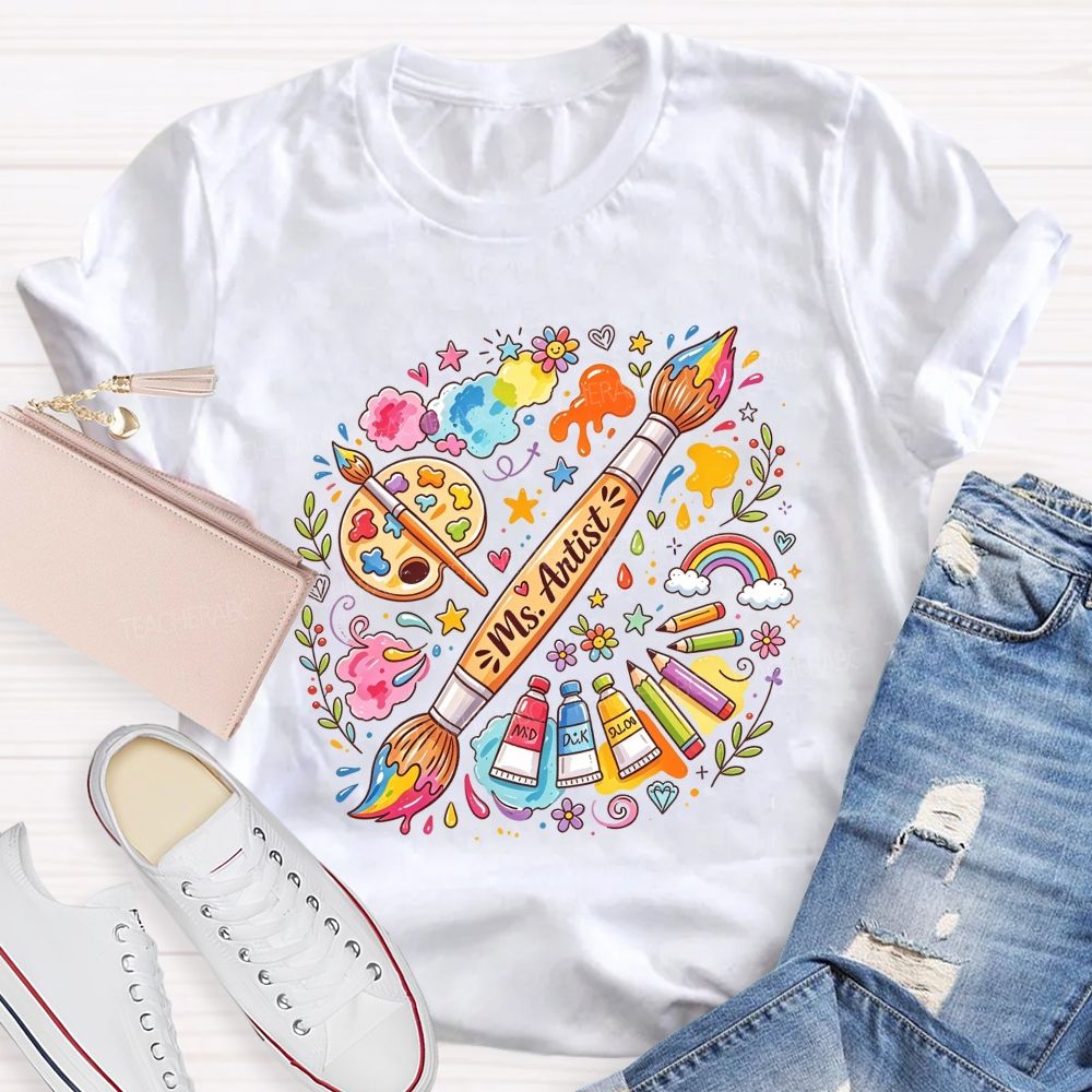 Personalized Name Art Teacher Paint Brush Doodle Teacher T-shirt