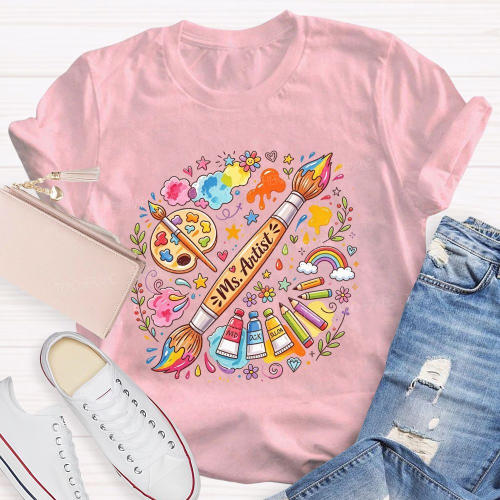 Personalized Name Art Teacher Paint Brush Doodle Teacher T-shirt