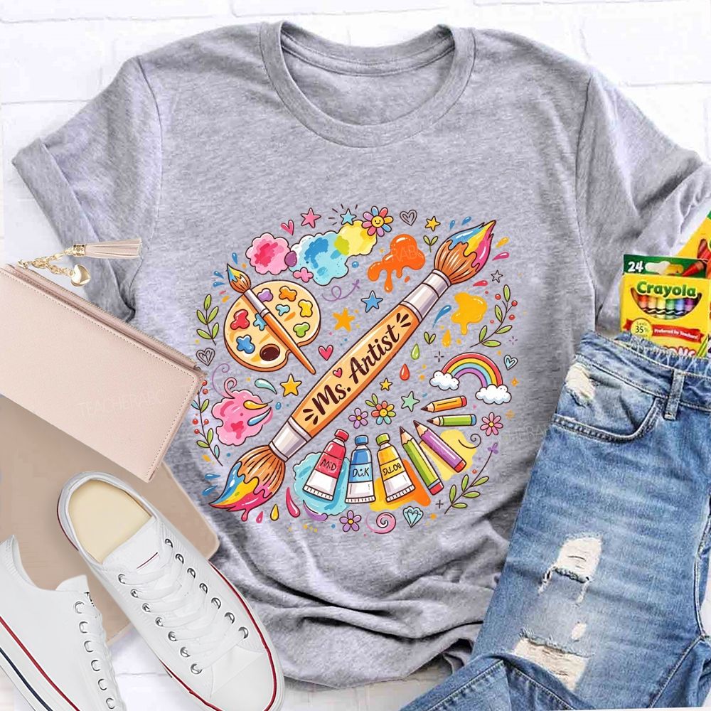 Personalized Name Art Teacher Paint Brush Doodle Teacher T-shirt