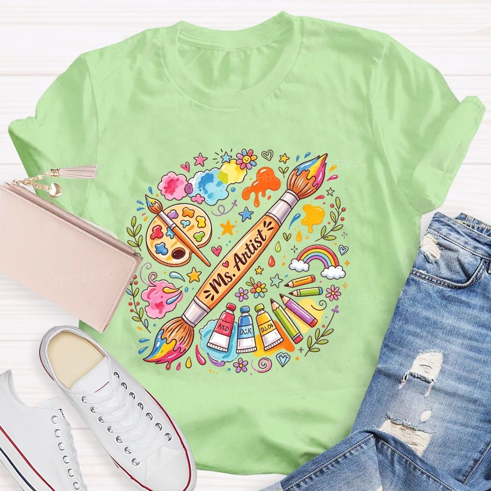 Personalized Name Art Teacher Paint Brush Doodle Teacher T-shirt