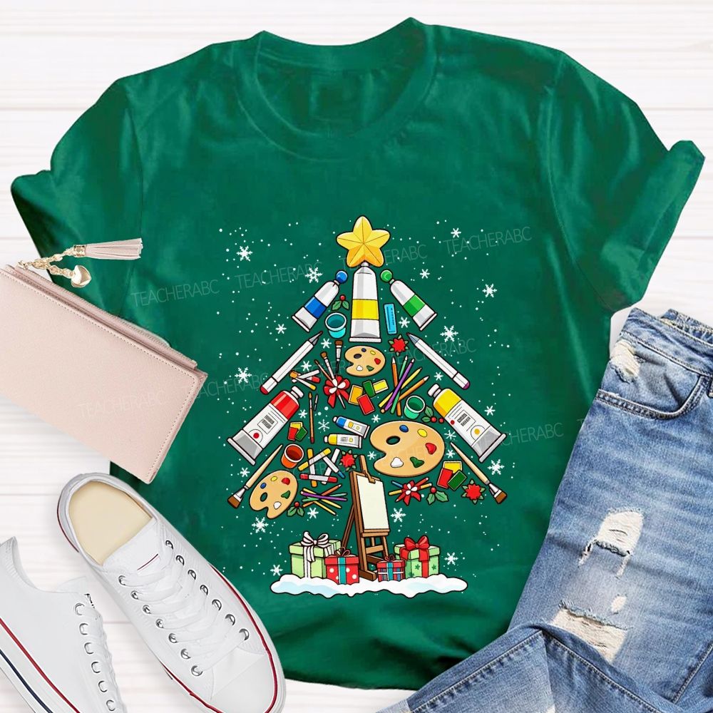 Art Supplies Christmas Tree Art Teacher Holiday T-shirt