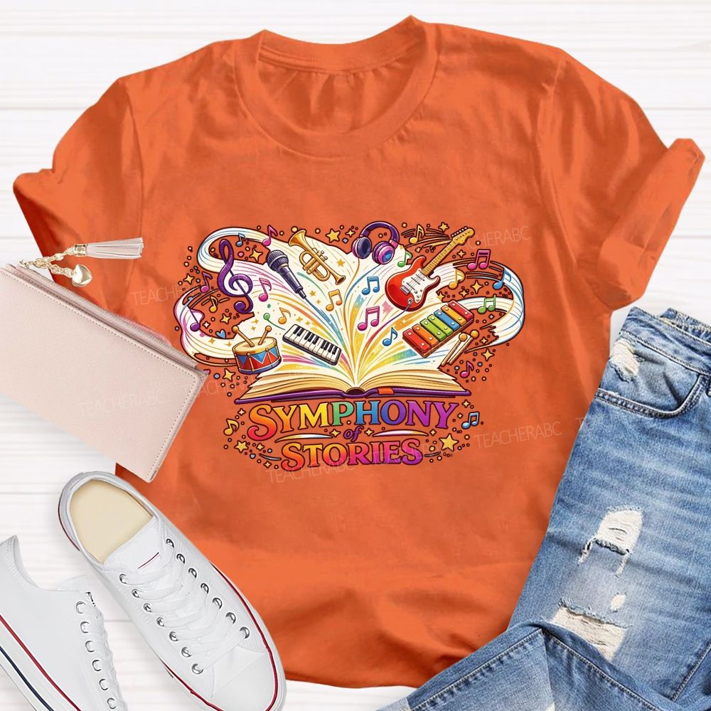Symphony Of Stories Open Book Musical Instruments Reading Teacher T-shirt