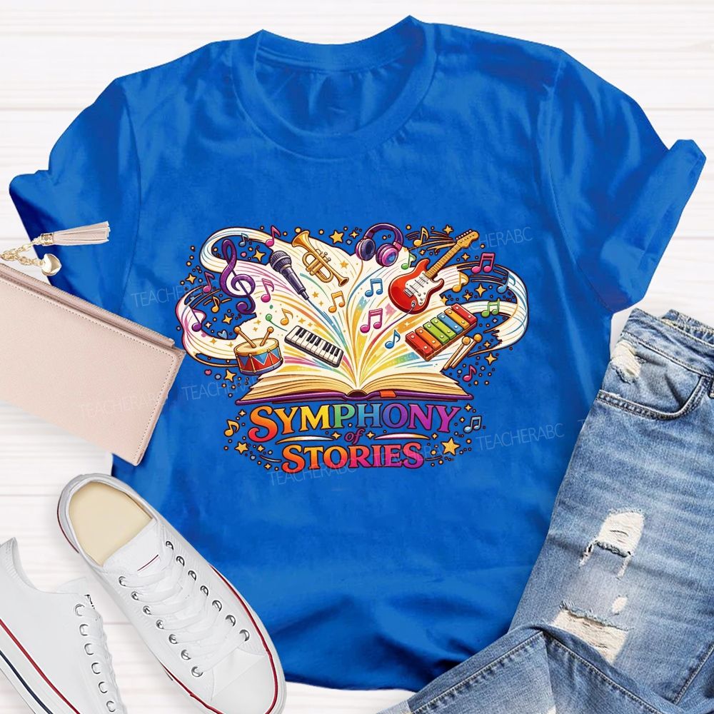 Symphony Of Stories Open Book Musical Instruments Reading Teacher T-shirt