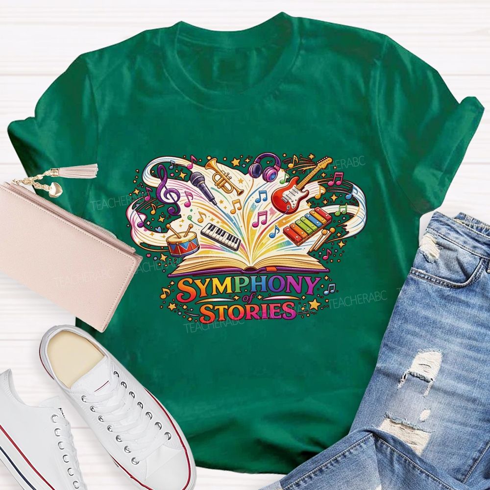 Symphony Of Stories Open Book Musical Instruments Reading Teacher T-shirt