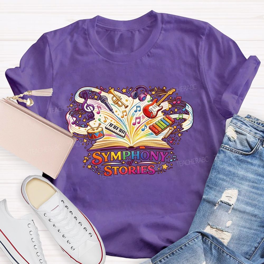 Symphony Of Stories Open Book Musical Instruments Reading Teacher T-shirt