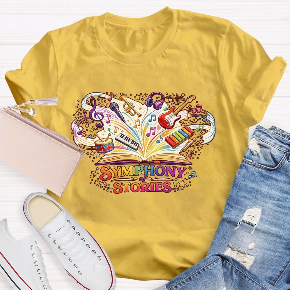 Symphony Of Stories Open Book Musical Instruments Reading Teacher T-shirt