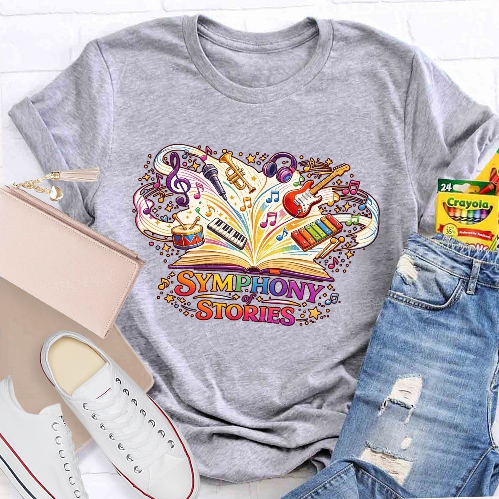 Symphony Of Stories Open Book Musical Instruments Reading Teacher T-shirt