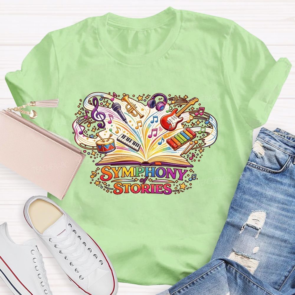 Symphony Of Stories Open Book Musical Instruments Reading Teacher T-shirt