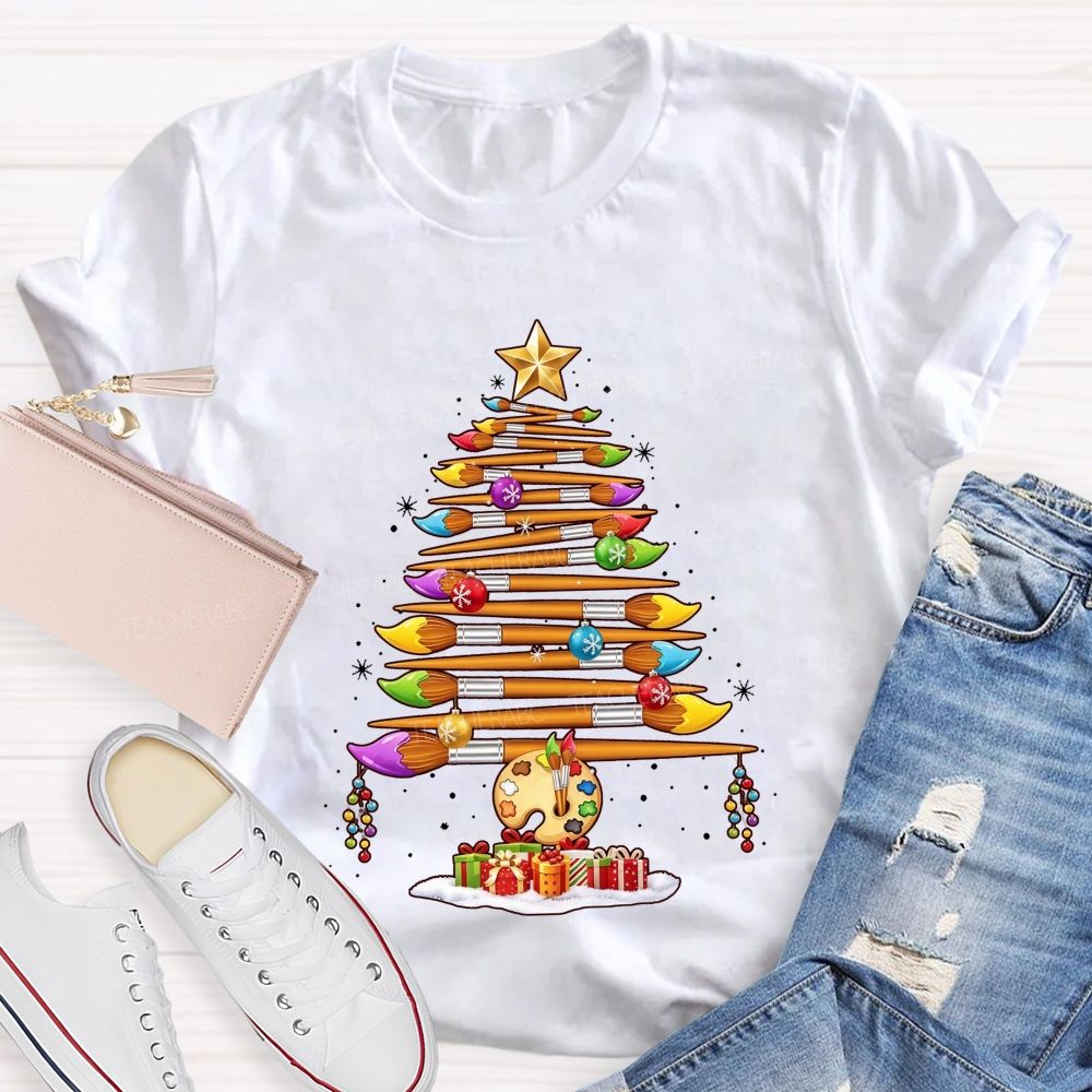 Artist Paintbrush Christmas Tree Palette Holiday Art Teacher T-shirt