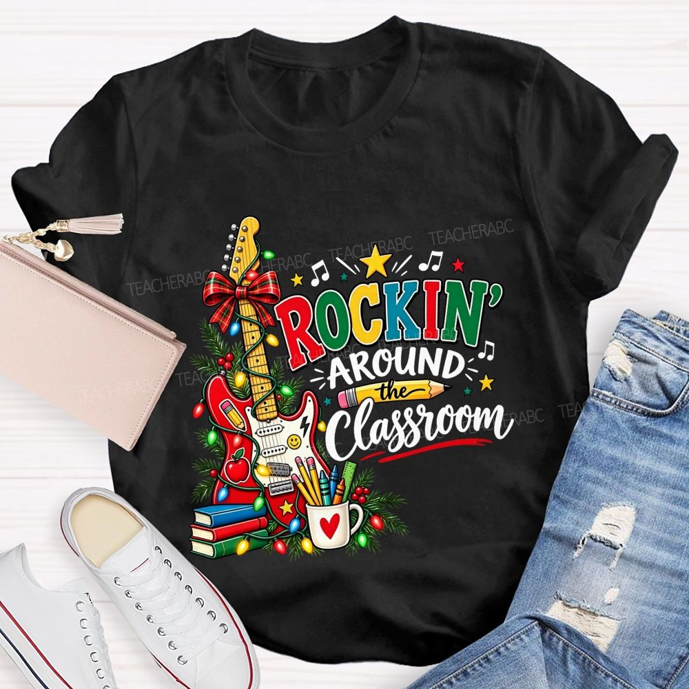 Rockin Around The Classroom Christmas Teacher Guitar T-shirt